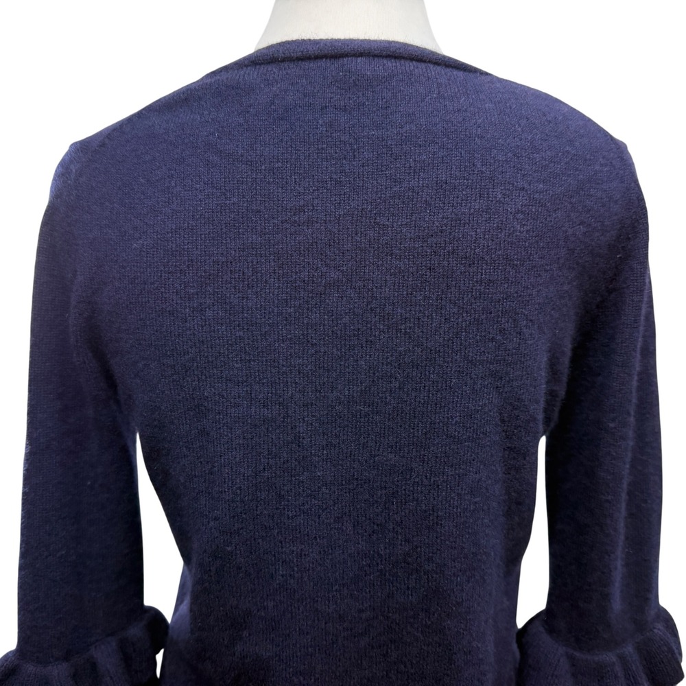 Margaret O'Leary Navy Blue 100% Cashmere Sweater XS V Neck Ruffle Sleeve Sweater - Picture 4 of 8
